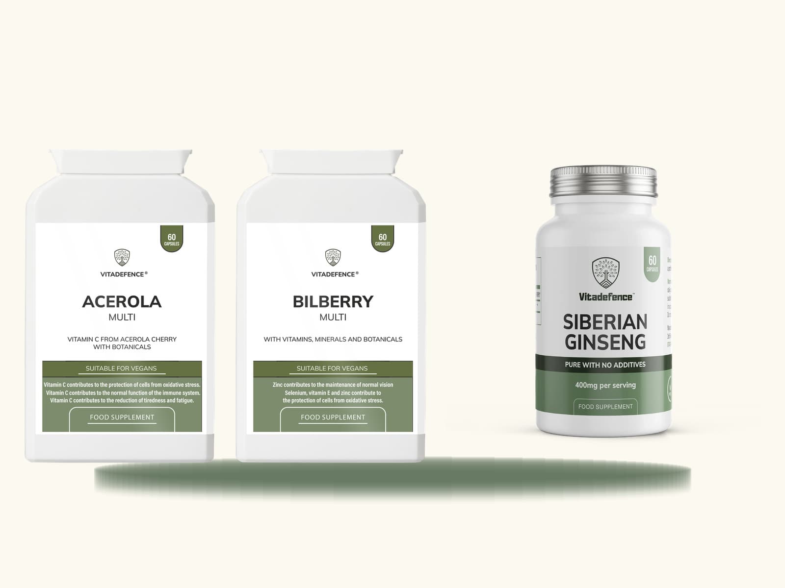 Acerola · Bilberry · Siberian Ginseng — Acerola (Vitamin C), Bilberry Multi, Siberian Ginseng